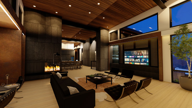 A modern living room with wooden ceilings and recessed lighting features a cozy fireplace and a flat-screen TV on the wall. On the boards, the room is furnished with black sofas, chairs, and a coffee table on a beige rug. Large windows provide ample natural light and views.