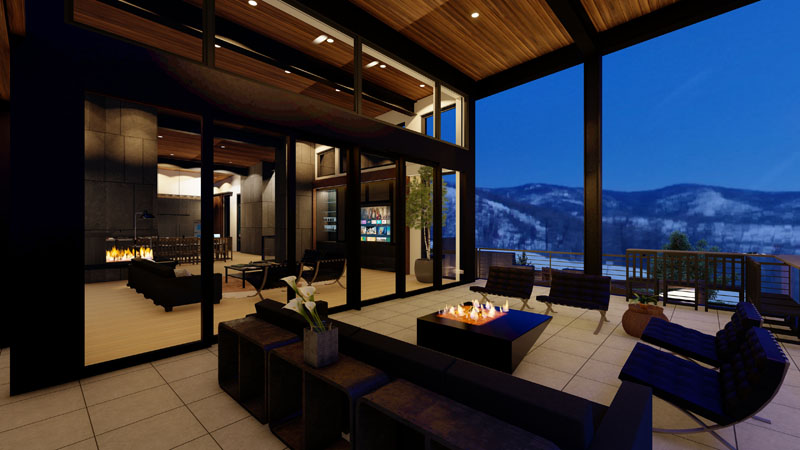 Modern mountain cabin on the boards featuring an open-air patio with minimalist furniture. The interior, visible through large glass doors, includes a cozy living area with a fireplace and contemporary decor. Snow-covered mountains are framed by the large windows, enhancing the scenery.