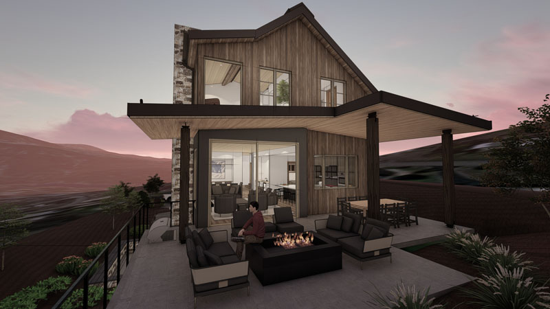 A modern two-story wooden house with large windows and an outdoor seating area. A person sits by a fire pit surrounded by sofas on a spacious patio, set against a backdrop of rolling hills at sunset. This picturesque scene is as if it were right off the boards of an architectural dream.