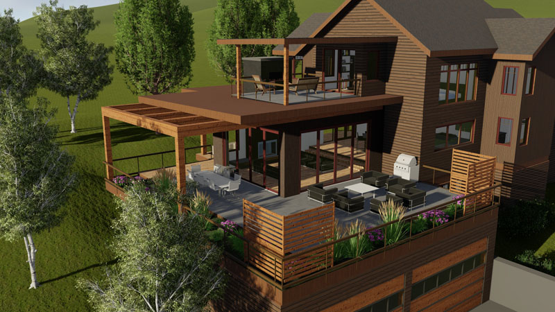 A multi-story wooden house exemplifies stunning architecture with two spacious decks adorned with modern outdoor furniture, greenery, and a grill area. The upper deck is partially covered, while the lower deck boasts a pergola. Surrounded by lush trees, the house sits gracefully on a grassy hill.