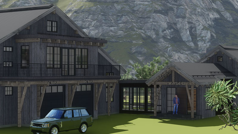 A modern cabin featuring rustic wooden exteriors is set against a backdrop of rugged mountains, highlighting the beauty of the architecture. A green SUV is parked in the yard. A person stands on a small balcony attached to the upper floor, overlooking the scene. The sky is clear and bright.