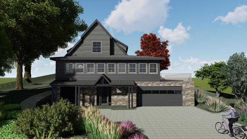 A rendering of a modern two-story house with a mix of stone and dark gray siding showcases contemporary architecture. It has large windows, a garage, and a spacious driveway. The landscape features greenery and a tree with red leaves. A person rides a bicycle in the foreground on a sunny day.