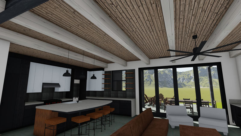 Modern kitchen and living room with wooden ceiling beams, a large island with barstools, black cabinetry, and pendant lighting. The architecture features large windows and glass doors opening to a patio with a mountain view. Ceiling fan and cozy seating area included.