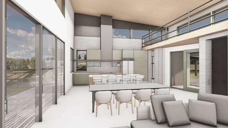 Modern open-concept kitchen and living area featuring sleek, minimalist design. The architecture includes large windows, stainless steel appliances, a central island with barstools, a glass dining table with chairs, and a sectional sofa. The room has a high ceiling and second-story balcony.