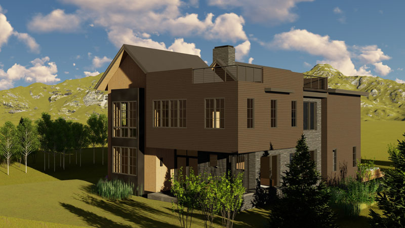 A modern two-story house with large windows and a mix of stone and wood exterior showcases stunning architecture, sitting on a grassy landscape surrounded by trees and mountains. The sky is partly cloudy, adding a serene backdrop to the scene.