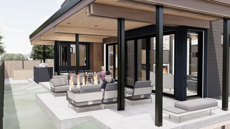 A modern backyard patio with a covered seating area featuring sofas around a rectangular gas fire pit. The patio, boasting impressive architecture, is attached to a contemporary house with large glass doors and wood and metal accents. Two people are seated, enjoying the ambiance.